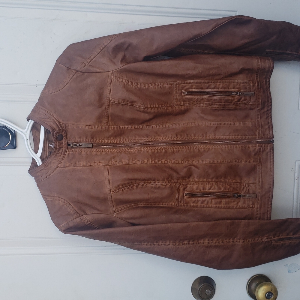 NWOT Joujou Vegan Textured Leather Front Zip Jacket Brown